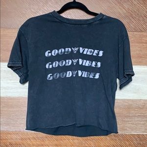 Distressed black “good vibes” crop top